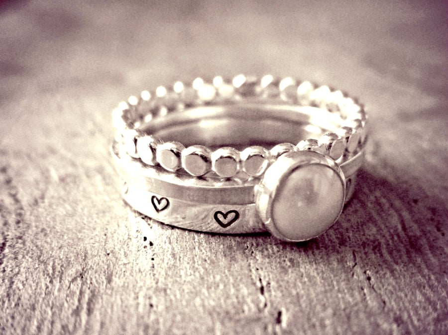 Pearl Ring Stack, Sterling Silver stacking rings, handmade in UK, pearl jewelry