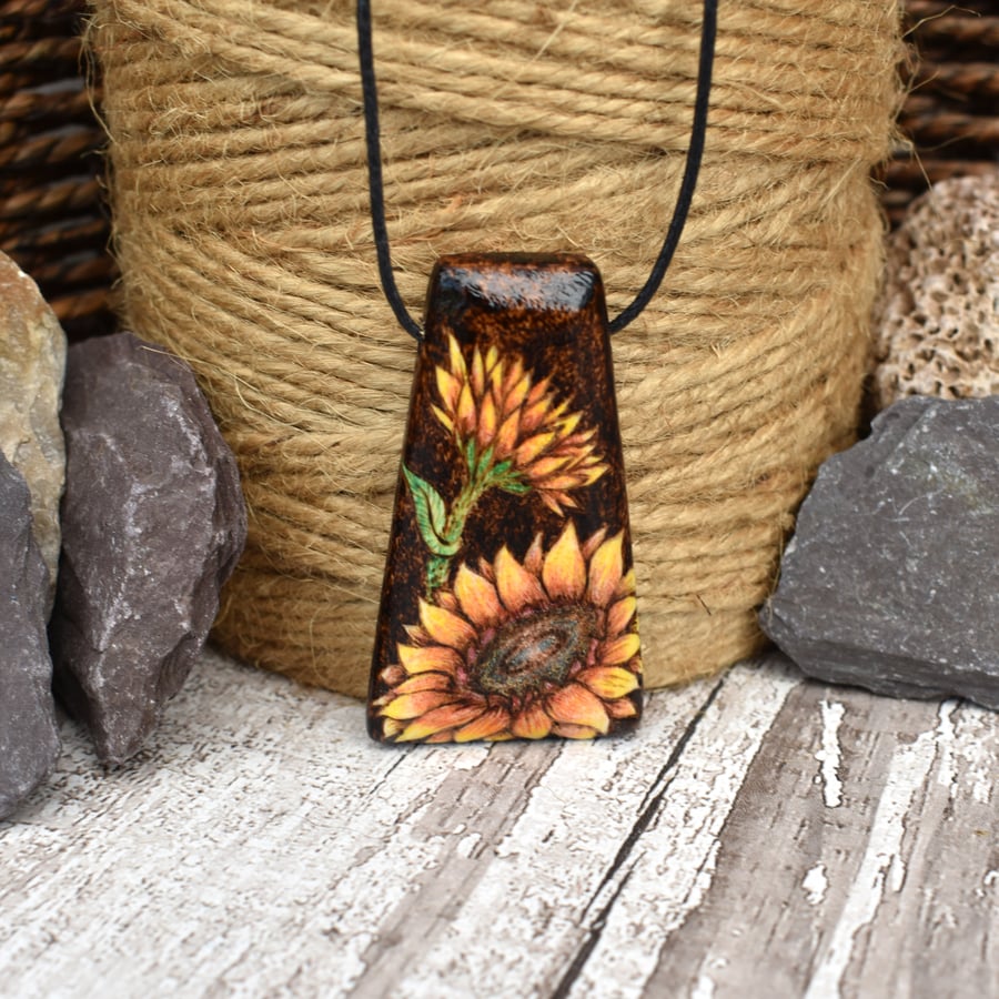 SALE Sunny Sunflowers pyrography wooden necklace, wood anniversary. 