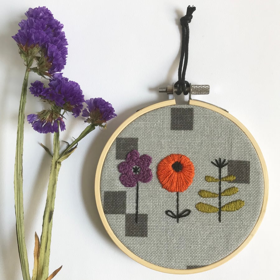 Hand Embroidered Floral Hoop Art Wall Decor, Floral Embroidery Free UK postage 