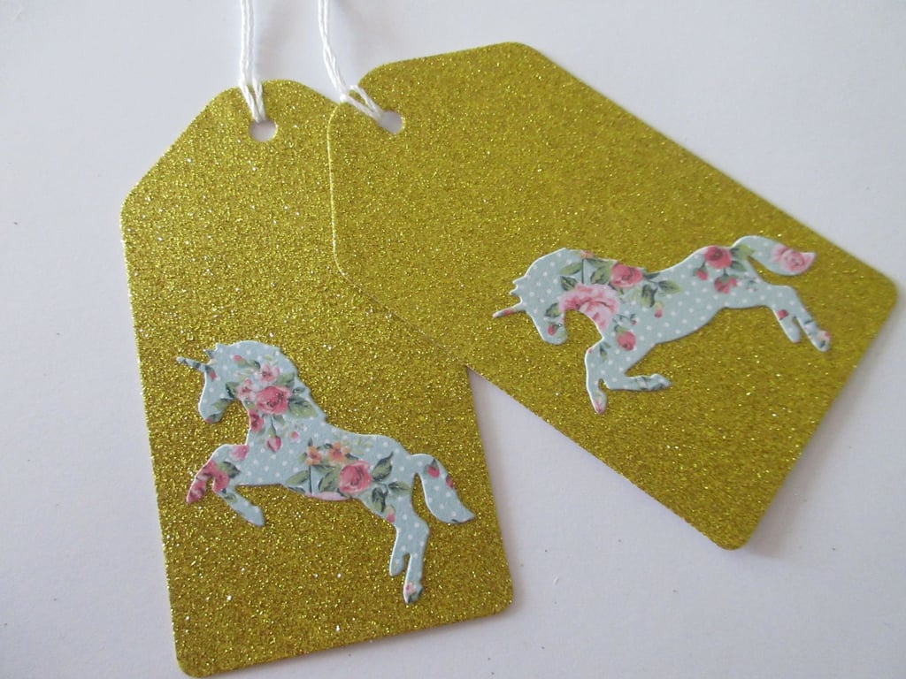 Unicorn Gift Tag x 2 Christmas Present Birthday Gift Label Gold Floral