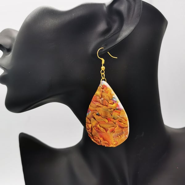 Tantalising Teardrop Pendant Earrings in Russet and Gold Polymer Clay.