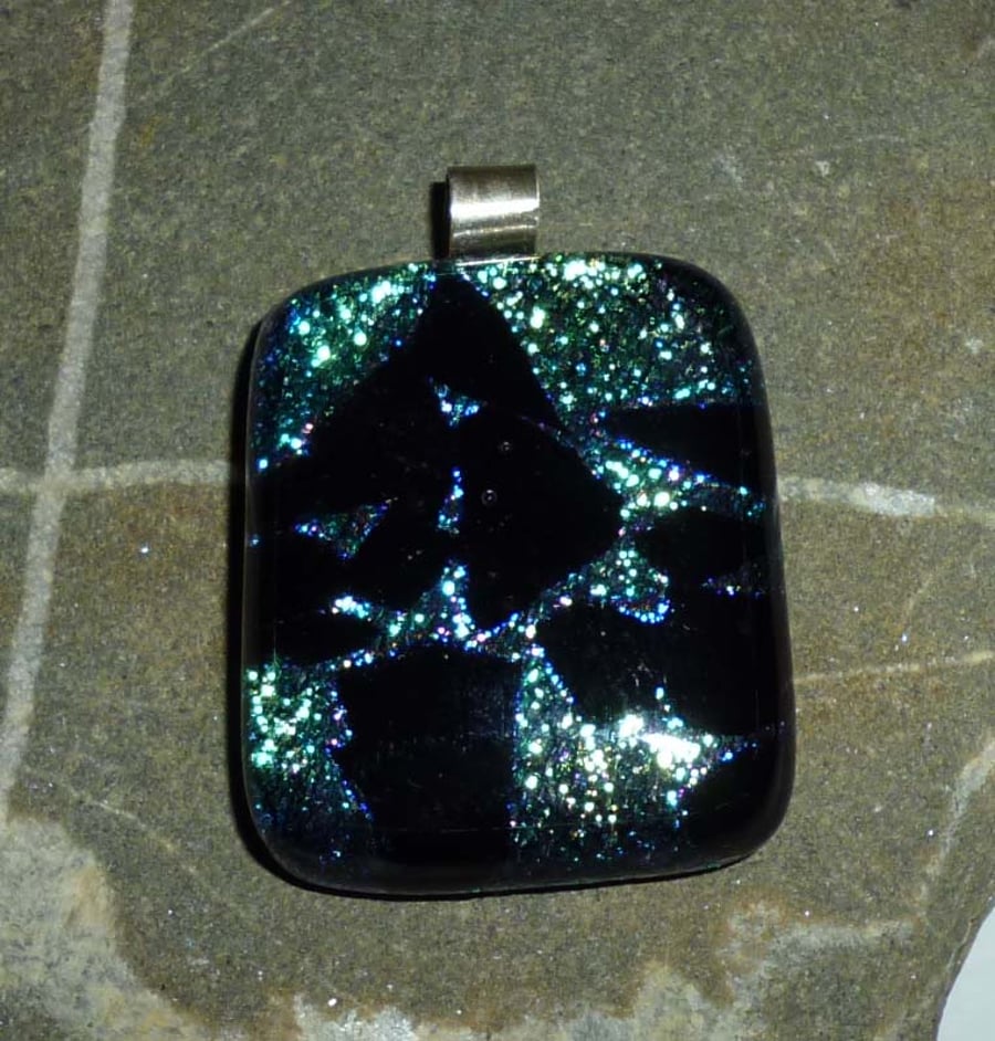 Hand made etch patterned dichroic glass pendant with silver bail