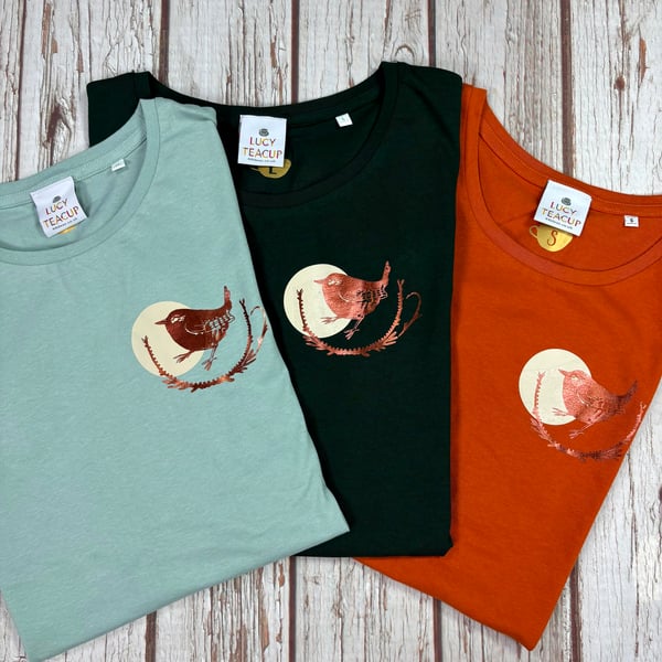 Organic cotton Wren T-Shirt. Woman's bird top
