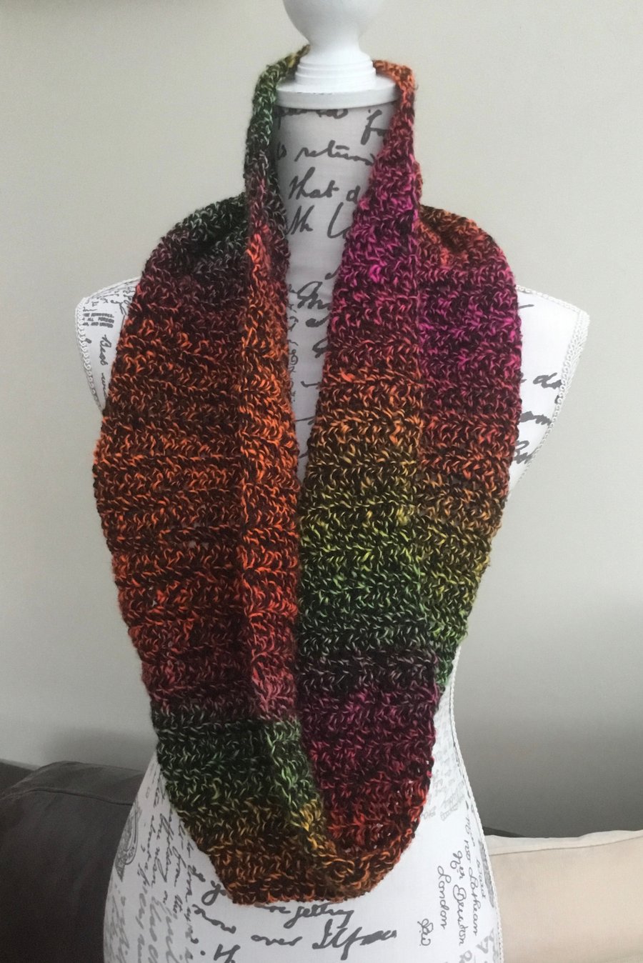 Autumnal Rainbow!  Lovely Crocheted Infinity Scarf in Hayfield Illusion Yarn.