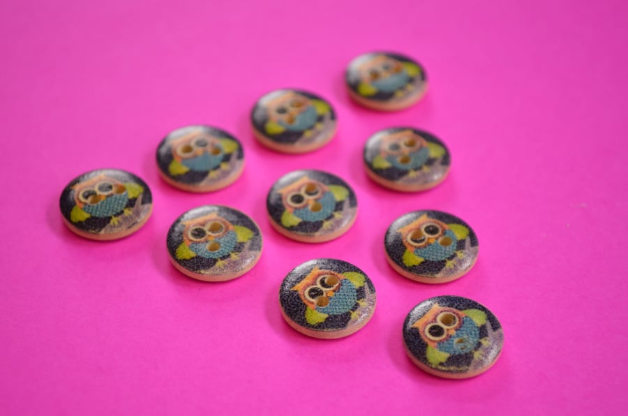 15mm Wooden Owl Buttons Blue Orange Green 10pk Bird (SOW8)