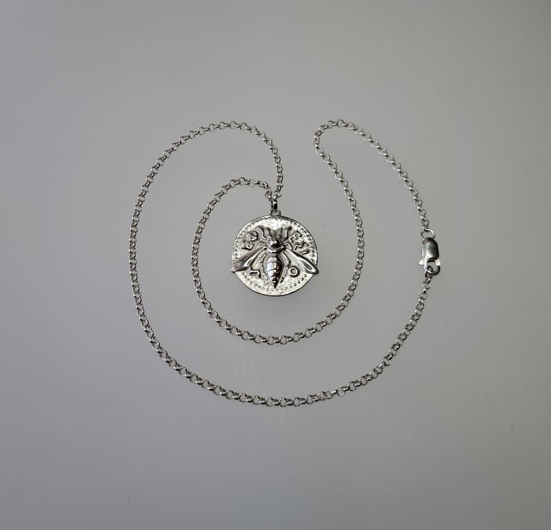 SIlver Ephesus Bee Coin inspired pendant and chain