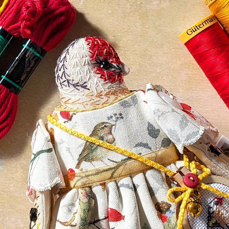 Bea,  A  Tiny Hand Embroidered Goldfinch Folk Art Doll