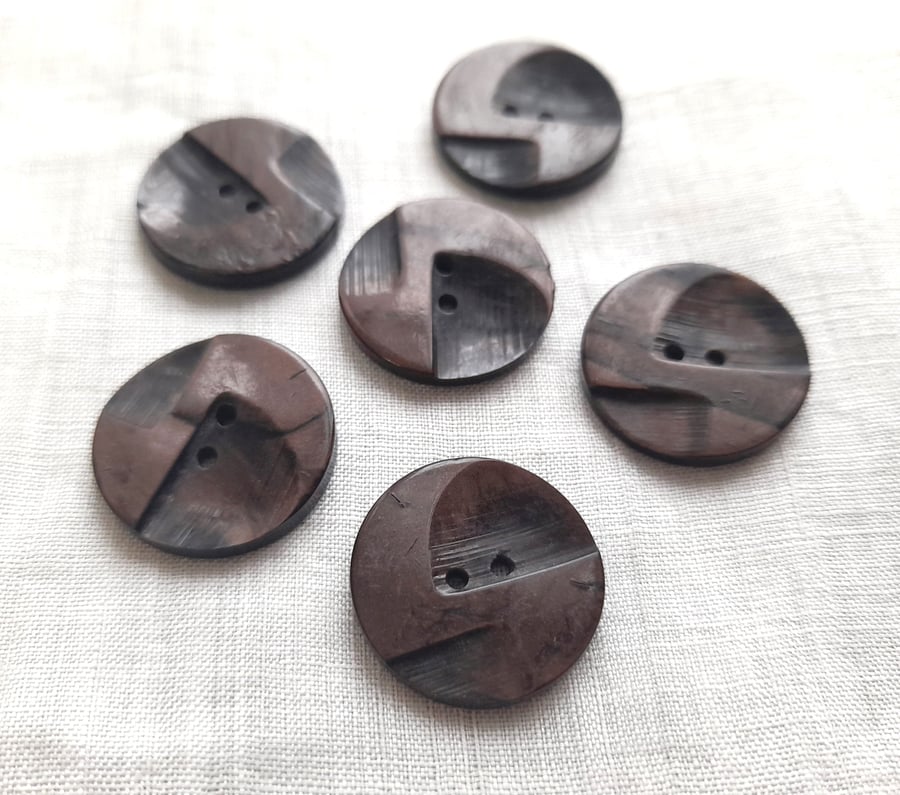 6 Large Dark Brown Art Deco Design 2-hole flat buttons, vintage buttons