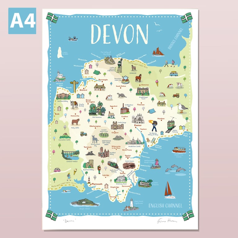 Devon illustrated map poster A4