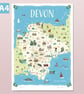 Devon illustrated map poster A4 - Image 1