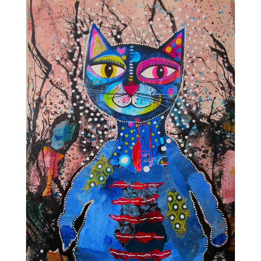 Abstract Cat Painting Bright Blue Whimsical Feline Wall Art for Kitty Lovers