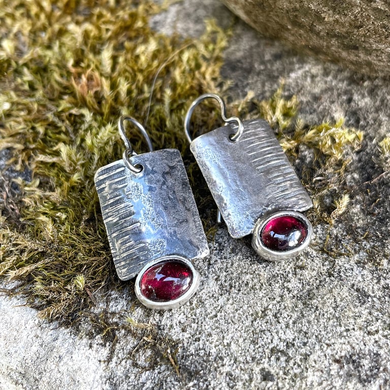 Oxidised sterling silver and red garnet industrial look earrings