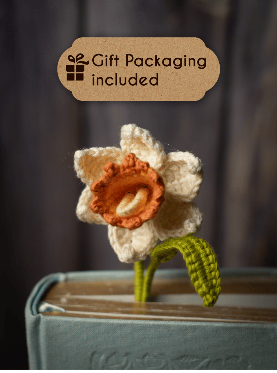 White Daffodil Crochet Bookmark with Gift Packaging