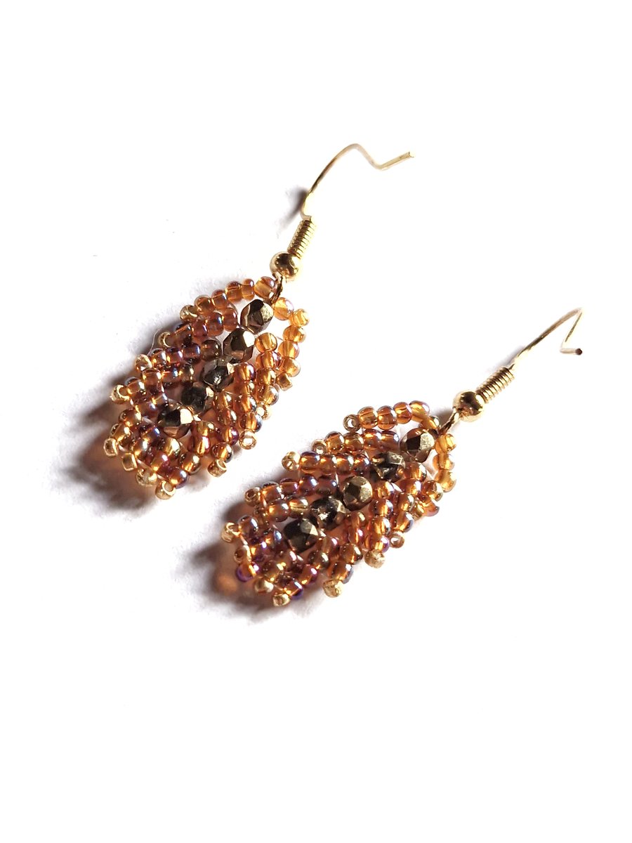 Gold peach and pearl St Petersburg weave beaded earrings