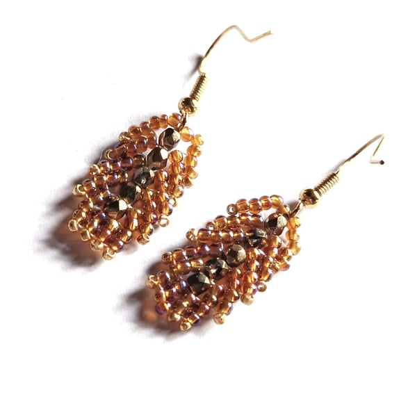 Gold peach and pearl St Petersburg weave beaded earrings