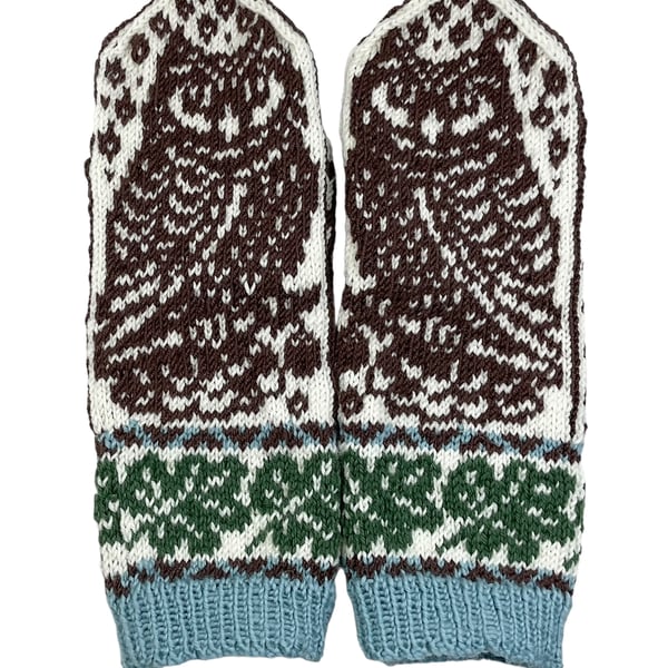 wool mittens with owl on a branch , bird lover gift, oak tree and acorn motif