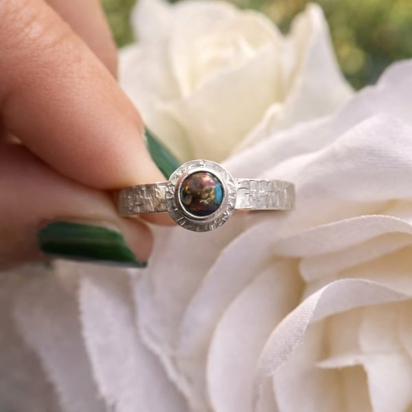 Textured Sterling Silver Ring with Pink Oyster Turquoise Gemstone - Size T