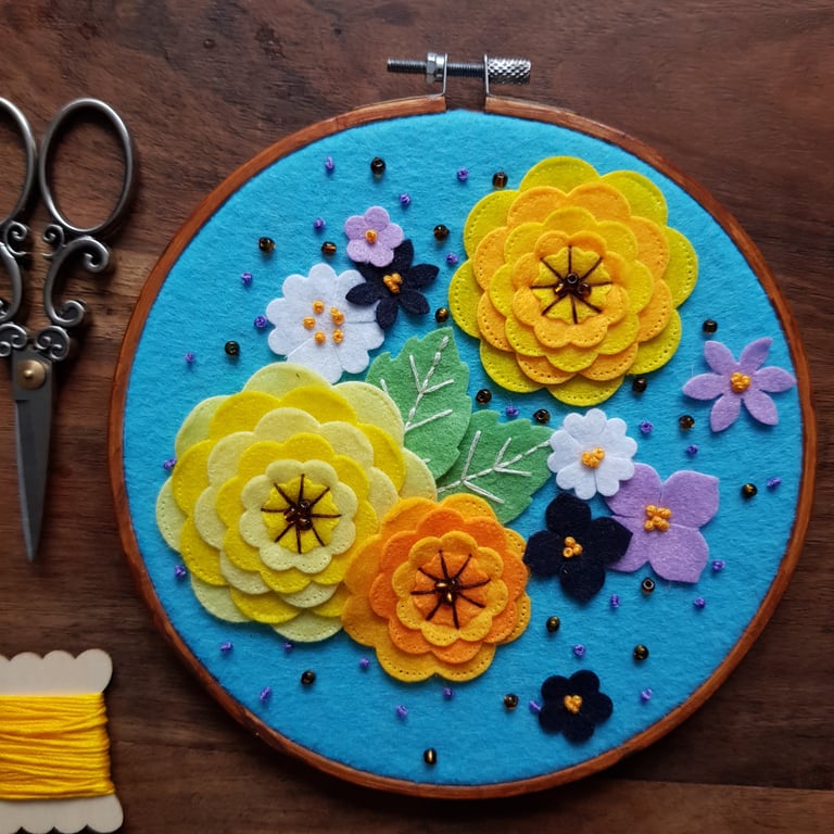 Colourful Garden Flowers - felt flowers with hand embroidery wall decoration 