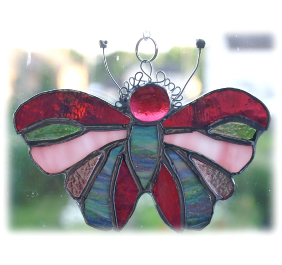 Cranberry Pink Butterfly Suncatcher Stained Glass Handmade 044