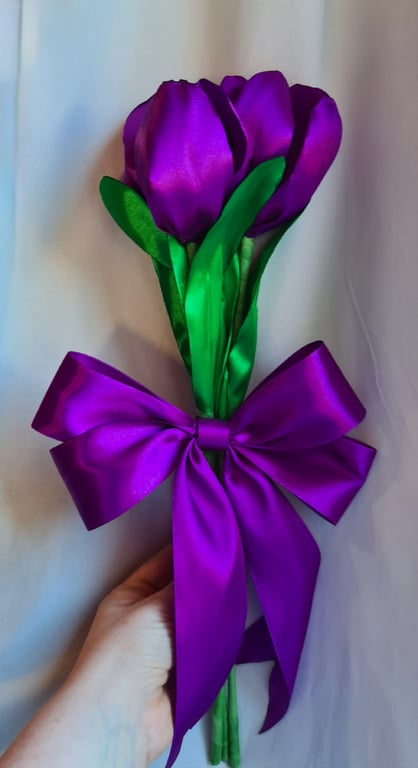 Beautiful Trio of Pinky-Purple Ribbon Tulips - Purple Bow. Faux Flowers Gifts