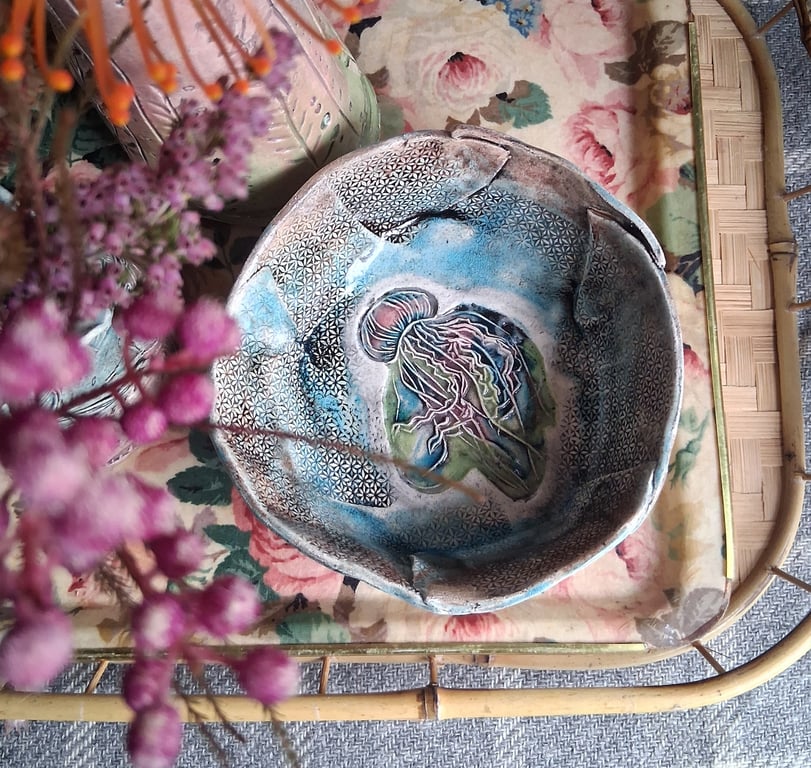 jellyfish bowl dish ceramic handmade stoneware in pink and turquoise