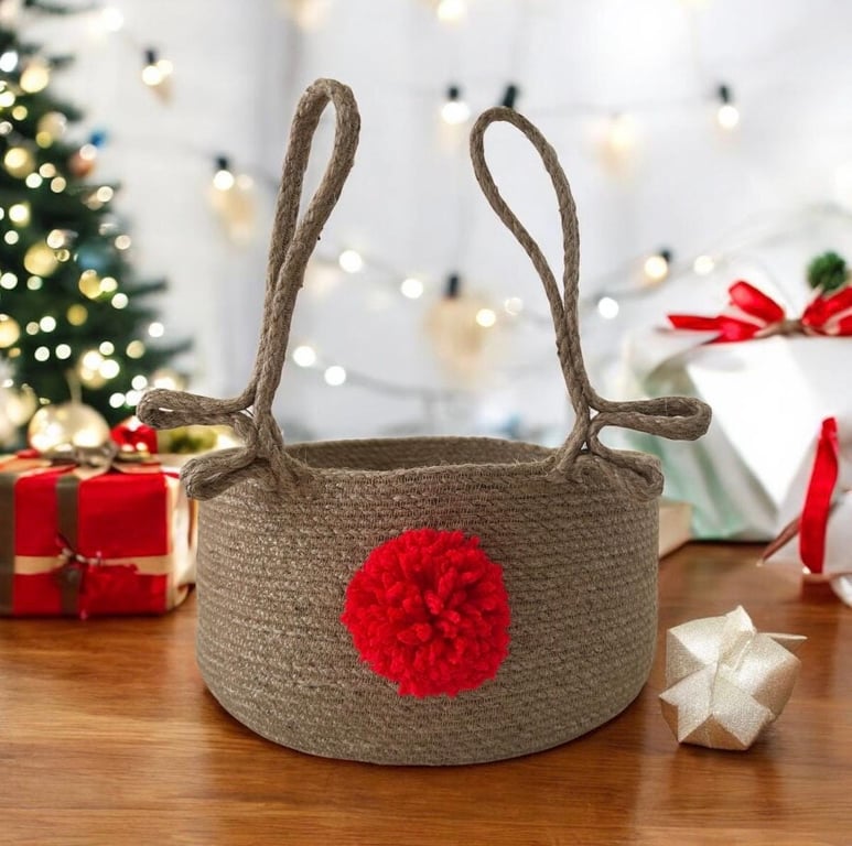 Handmade Jute Christmas Basket: Rudolph Reindeer Antlers, Red Pom-Pom