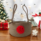 Handmade Jute Christmas Basket: Rudolph Reindeer Antlers, Red Pom-Pom