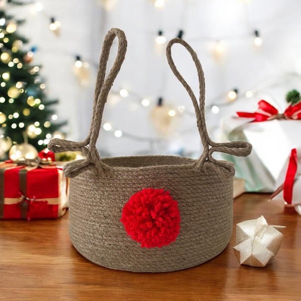 Handmade Jute Christmas Basket: Rudolph Reindeer Antlers, Red Pom-Pom