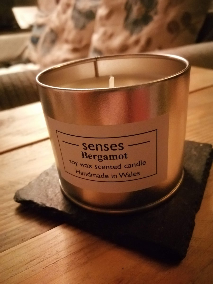 Bergamot scented soy wax candle tin handmade in Wales