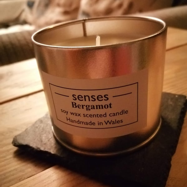 Bergamot scented soy wax candle tin handmade in Wales