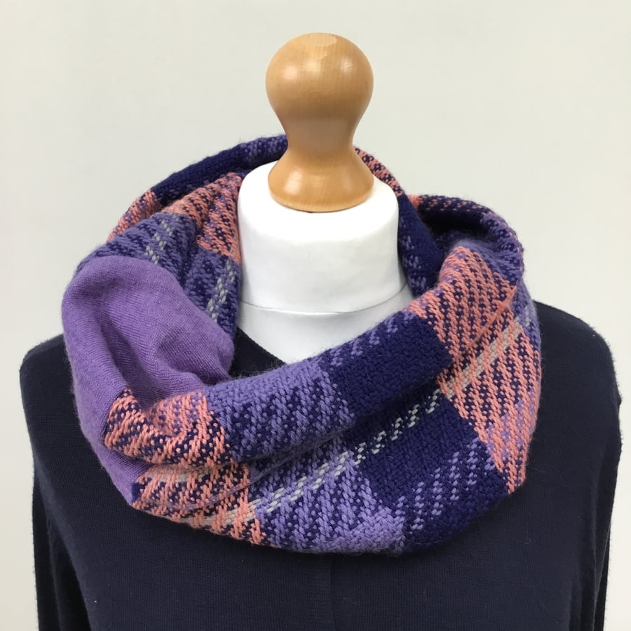 Handwoven merino infinity cowl scarf - woven with purple, lilac and coral tones