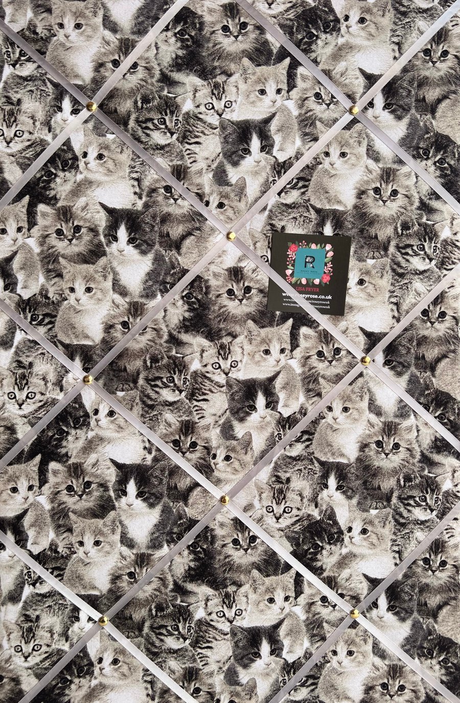 Handmade Bespoke Memo Notice Board Monochrome Black White Cats Kittens Fabric