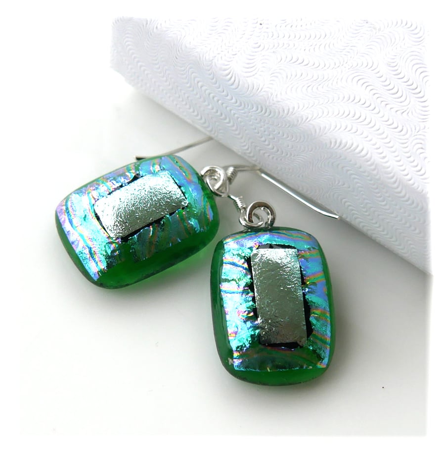 Dichroic Glass Earrings 307Green Silver Handmade Fused 