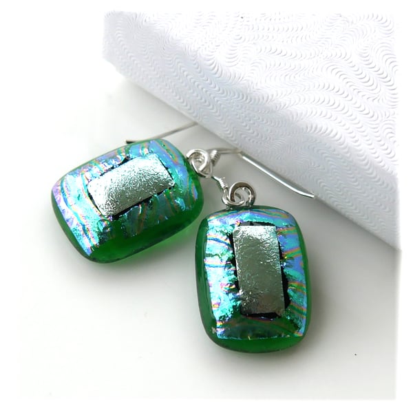 Dichroic Glass Earrings 307Green Silver Handmade Fused 