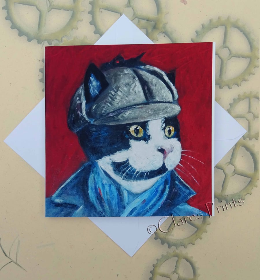 Sherlock Cat Art Greeting Card From my Original Painting
