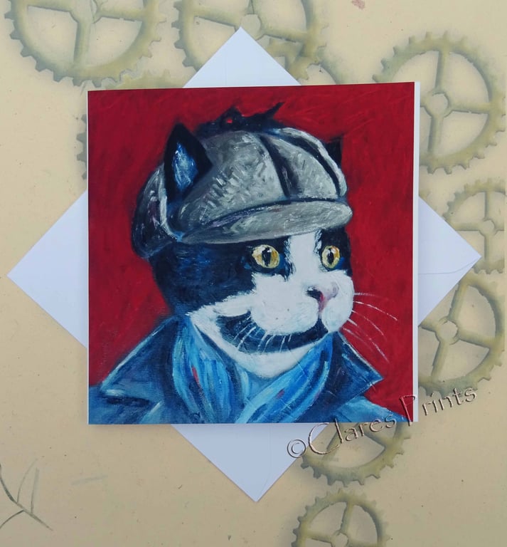 Sherlock Cat Art Greeting Card From my Original Painting