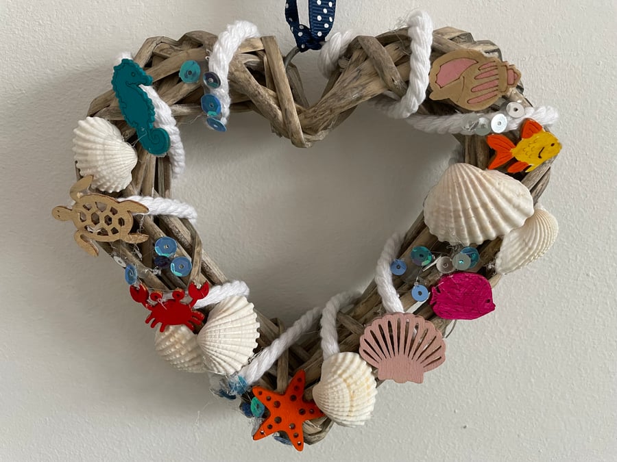 Multi-coloured nautical heart shaped shell wreath
