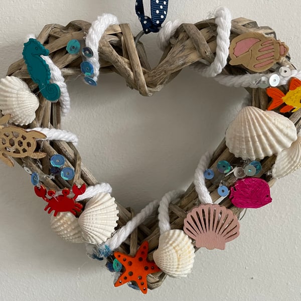 Multi-coloured nautical heart shaped shell wreath
