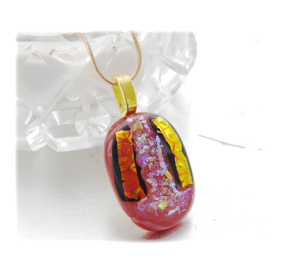 Dichroic Glass Pendant 111 Rose Pink gold shine Handmade with gold plated chain