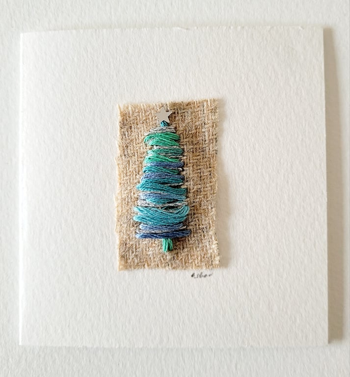 Handmade Embroidered 'Blue, Green and Silver Tree' Christmas Greeting Card 