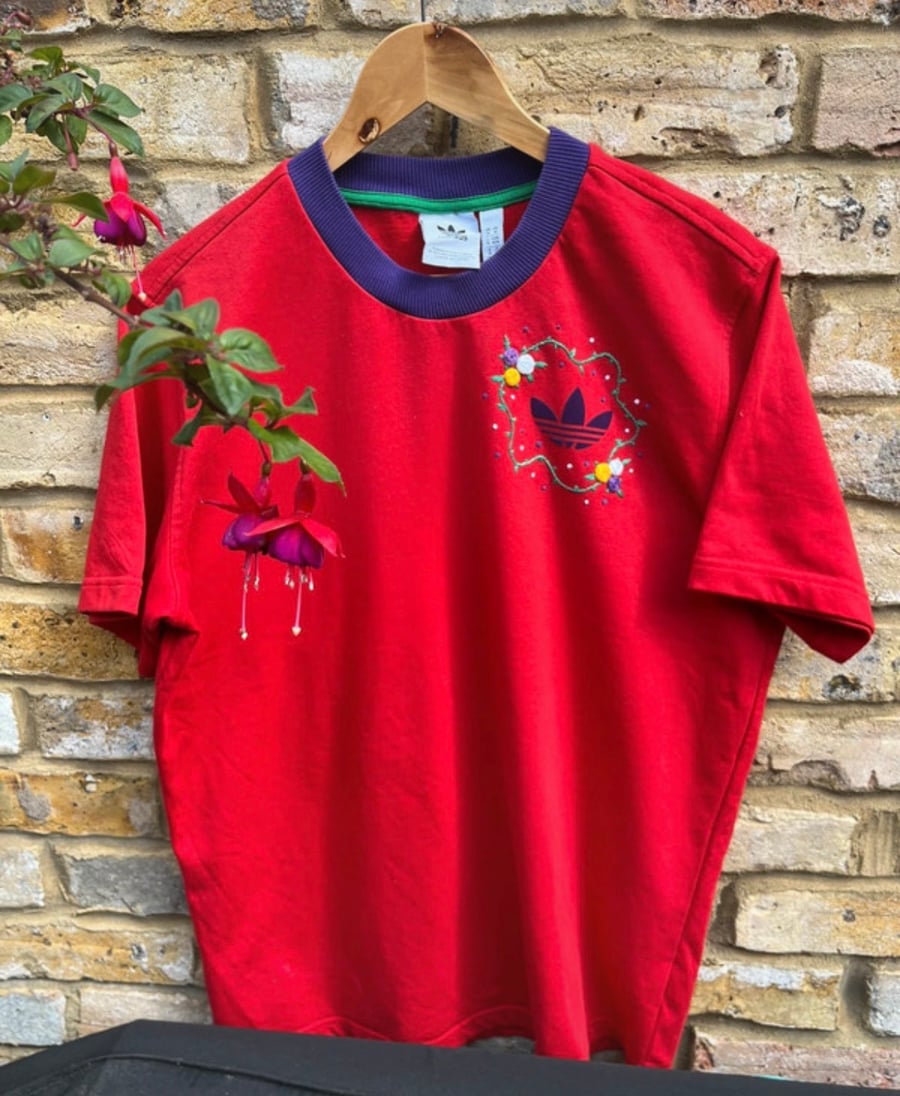 One-of-a-Kind Hand-Embroidered Red adidas Adicolor T-Shirt