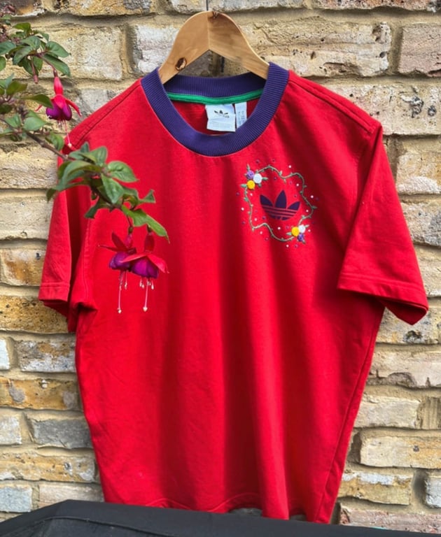 One-of-a-Kind Hand-Embroidered Red adidas Adicolor T-Shirt