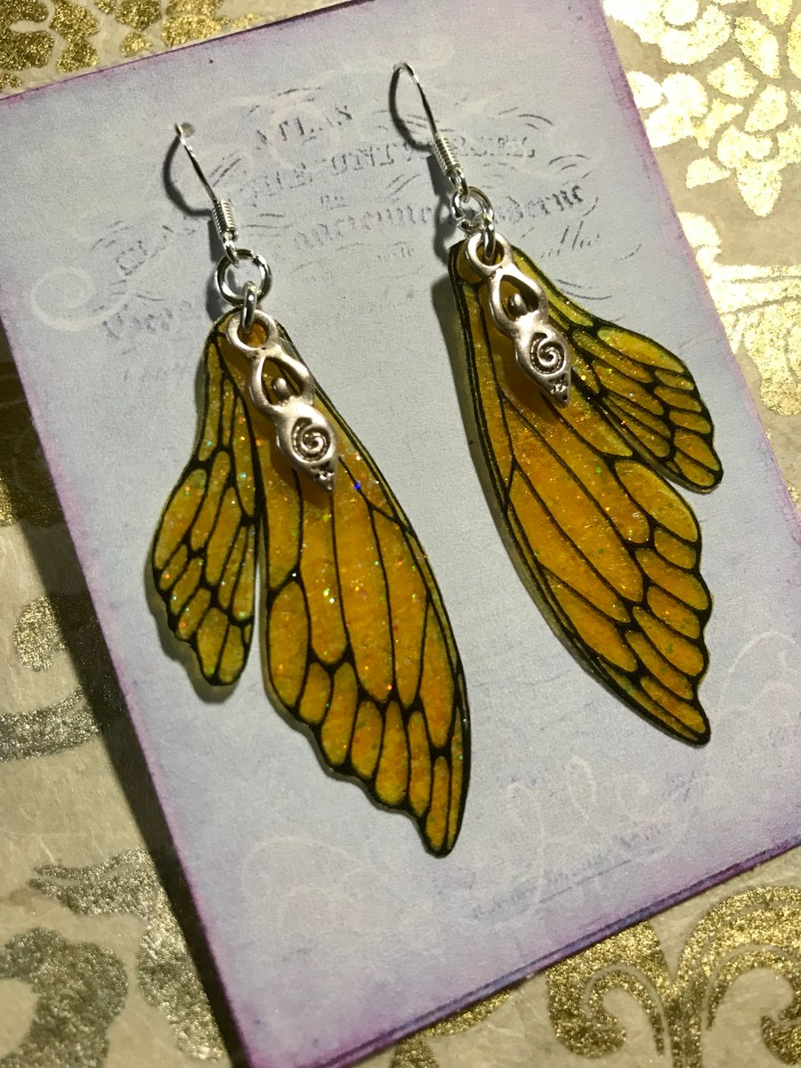 Golden Yellow Glittery Double Fairy Wing Goddess Earrings Sterling Silver