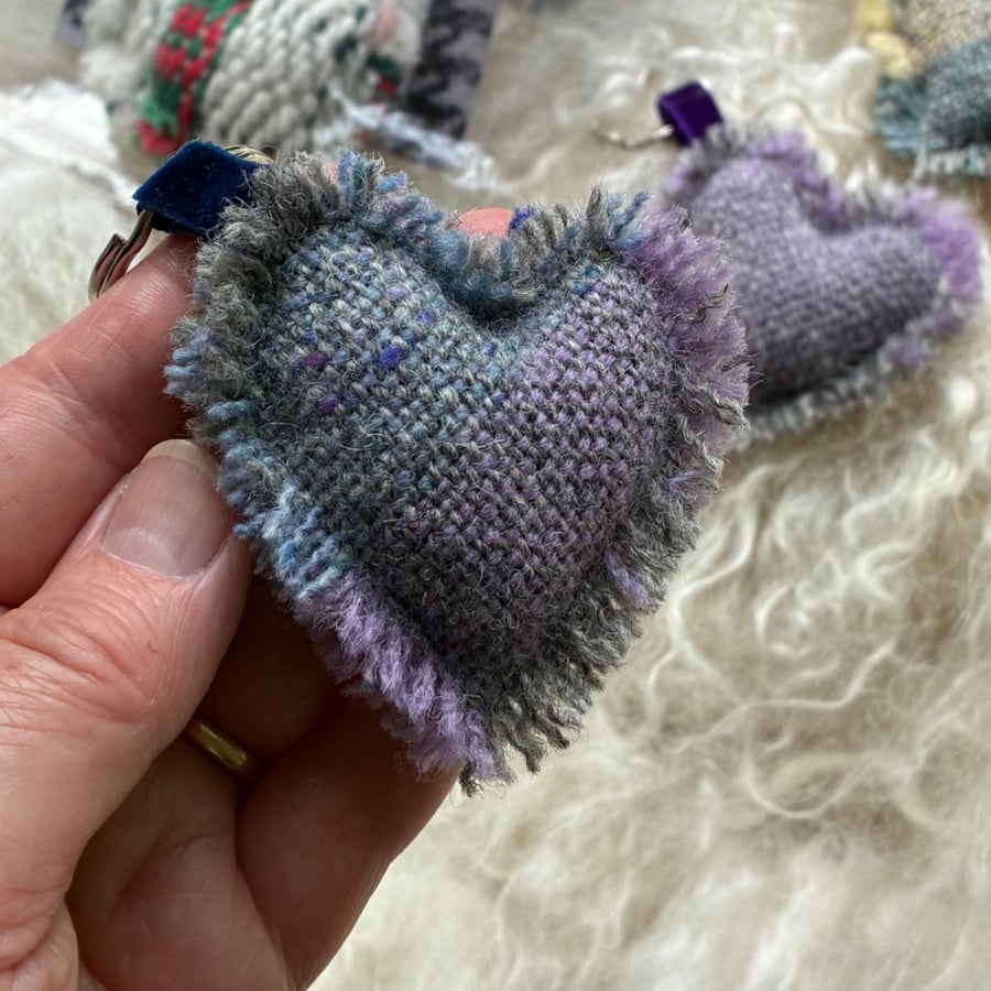 Heart Keyring - Heather & Blue Donegal tweed wool. Handwoven in Wales