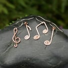 Small copper music note earrings - matching or mixed pair