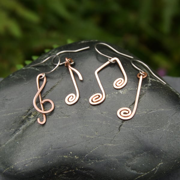 Small copper music note earrings - matching or mixed pair