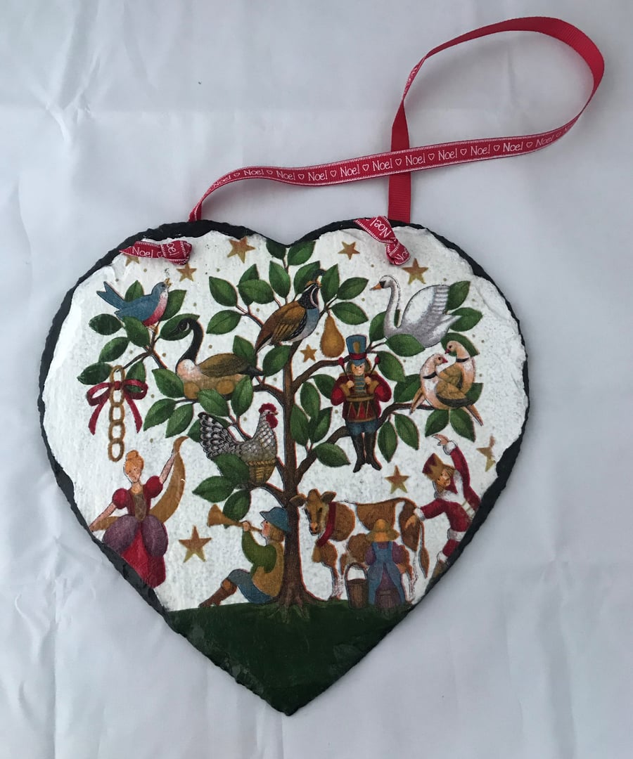 Decorated Christmas Slate Heart Decoration 12 Days of Christmas Unusual