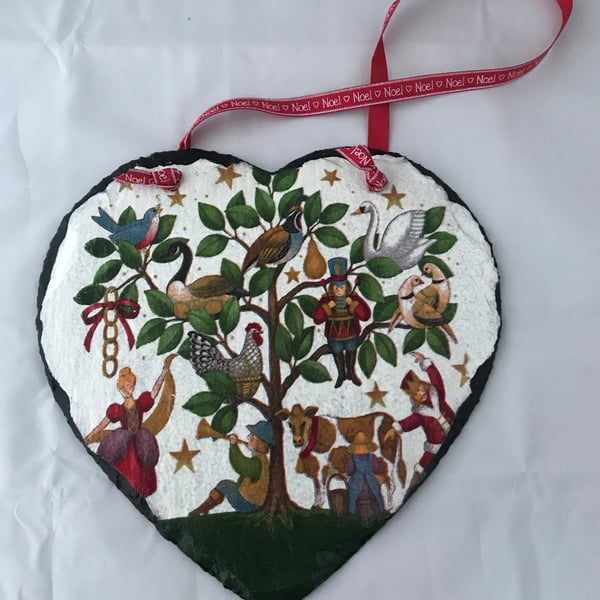 Decorated Christmas Slate Heart Decoration 12 Days of Christmas Unusual