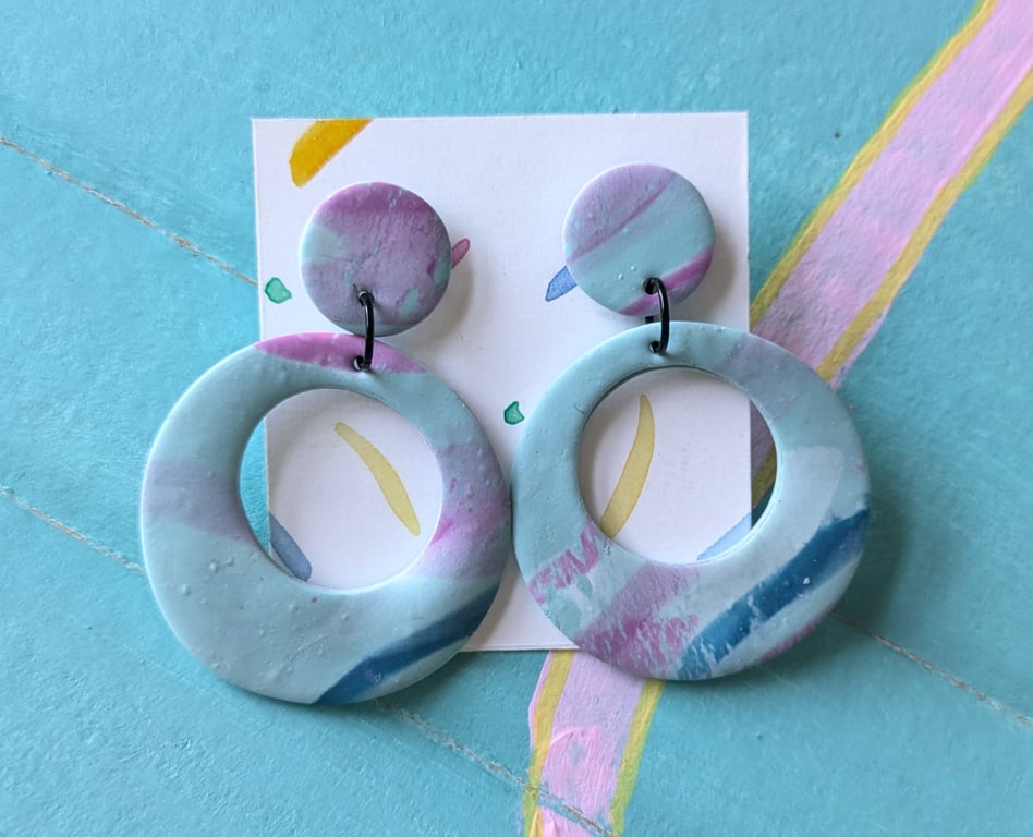 Big Beautiful Marbled Blue and Pink Dangly Earrings