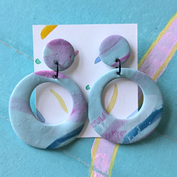 Big Beautiful Marbled Blue and Pink Dangly Earrings